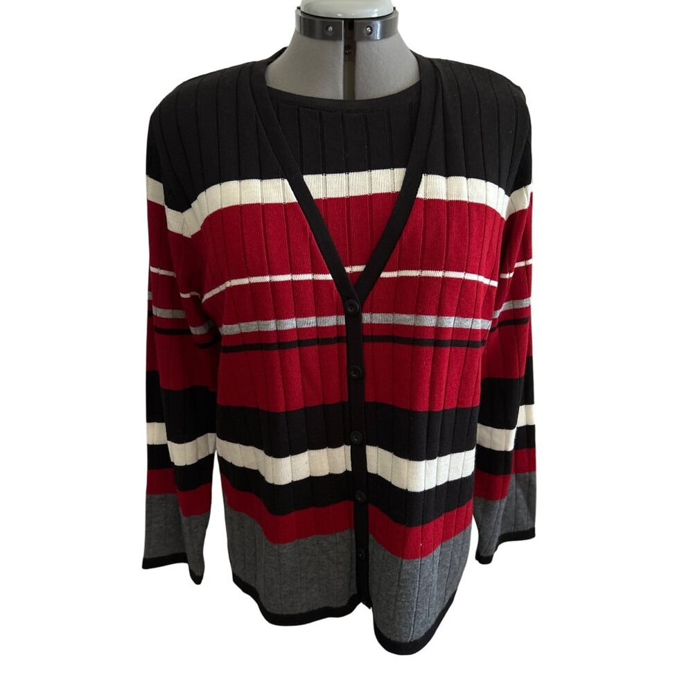 Alfred Dunner Cardigan faux 2 pc Sweater S Black/Red/Gray Striped Button-Front